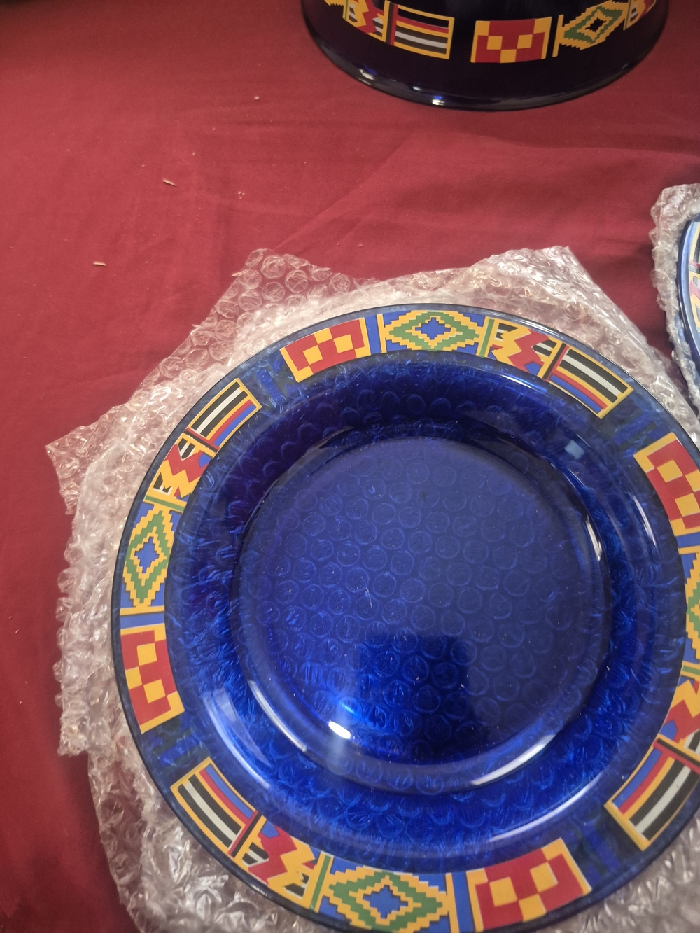 Blue Decorative Glass Charger Plate with Colorful Geometric Border